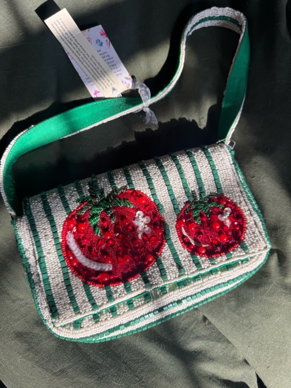 Beaded bag Green & White Stripe Shoulder Bag with Red Sequin Tomato Vidal Tjmaxx
